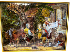 Pierre Bonnet Limoges Enamel on Copper Silver Foil Plaque Village Scene C. 1955