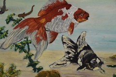 Vintage MCM Goldfish Painting Board Original 1959 Aquarium Koi Pond Asian Decor