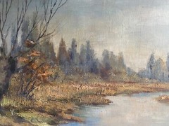 Oil painting undetermined sign. River landscape with trees under cloudy sky