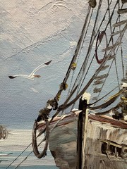 Vintage Oil On Canvas Ship Harbor Painting Framed-No Glass- W. Jones? Unsigned.