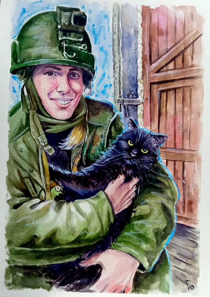 Ukrainian War Art, Soldier Woman and Cat, Watercolor Painting from Real Photo
