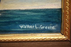 PAIR Early 20th Centure American Flag Sea Shore Seascape Ocean with Cargo Boats