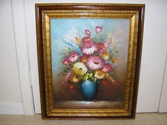 Still Life Oil Painting Art Flowers in Vase Floral Bouquet Signed R. Telson