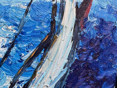 WILLIAMS SIGNED NAUTICAL OIL PAINTING SAILBOAT AT SEA PALETTE KNIFE IMPASTO ART