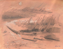 Ship Wreck Sub-Structure Charcoal Drawing-11′ x 8 1/8″- C. 1970s-Adolf Konrad