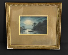 Painting Early 20th Dark Landscape Vision Boats & Lake Light Moon