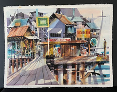 Large Vintage Watercolor John O’Brien 1985 Fisherman’s Wharf Pier Linderholm