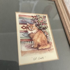 Signed El Gato Tabby Cat Orange Mini Painting Southwest Flowers DJM
