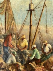 HELEN RITCHIE HEGNAUER ANTIQUE LANDSCAPE OIL PAINTING VINTAGE WPA MEN 1930s