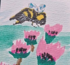ACEO ORIGINAL Painting Bee Flowers Whimsical ATC Art Card Floral Home Decor GAT