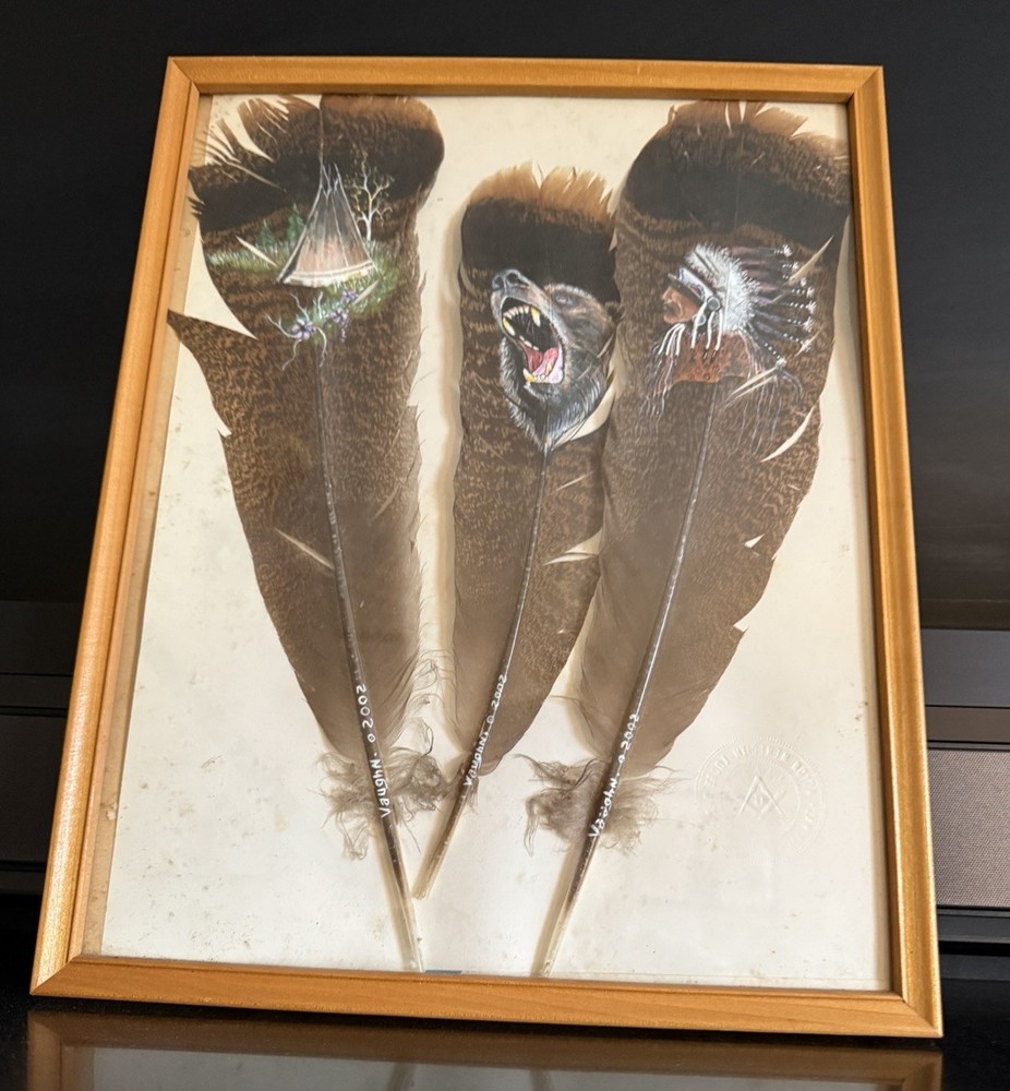 3- Turkey feathers painted and signed Indian tee pee, black bear & Indian 2002