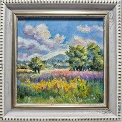 Original oil painting, signed and framed. In a field on a clear day, 4×4