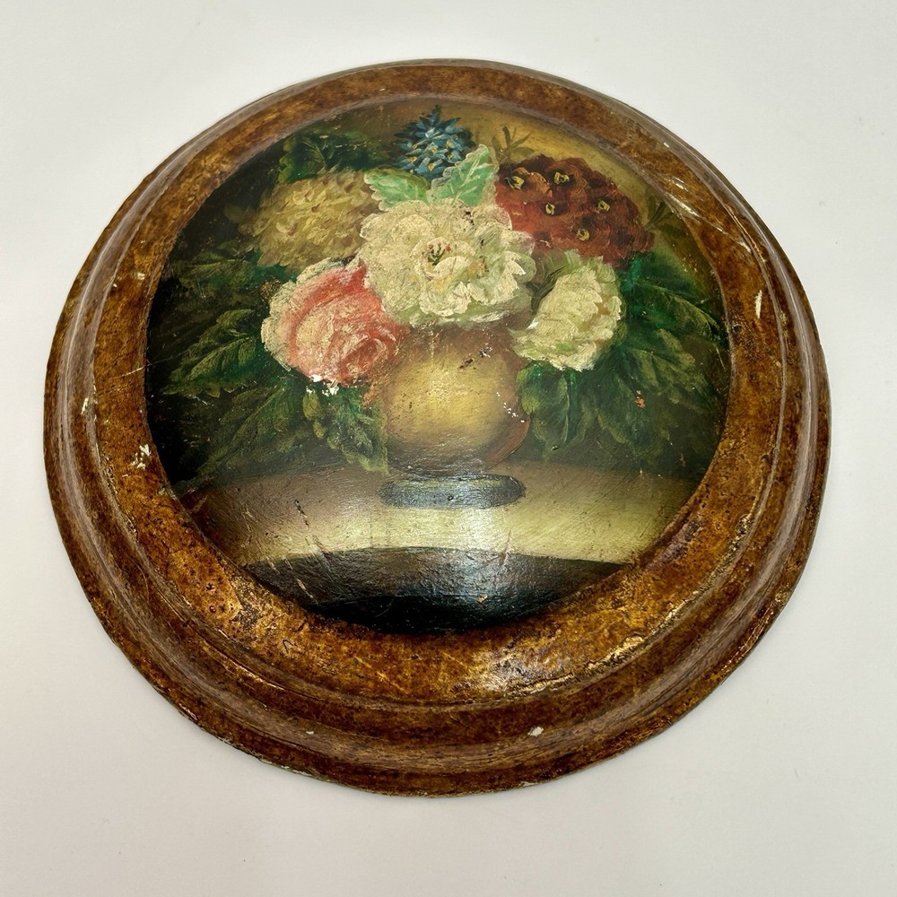 Hand Painted Floral Still Life Convex Wall Plaque Gilt Round 5¾“ 70s VTG