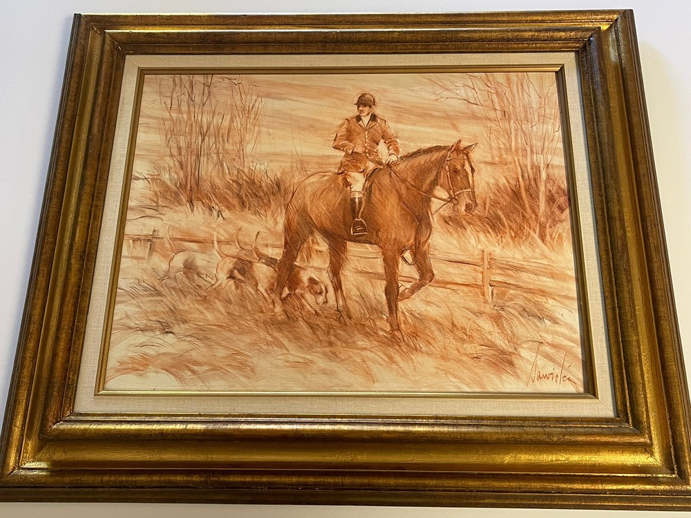 Vintage Painting Impressionist Hunting Dogs Man Horse Landscape Listed Artist