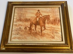 Vintage Painting Impressionist Hunting Dogs Man Horse Landscape Listed Artist