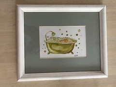 Orig Watercolor Bathroom Art Painting Bathtub Bubbles OOAK Framed