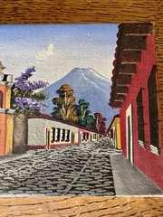 Vintage Miniature Pair Of Paintings Antigua Guatemala Volcano Fuego 4”x6”