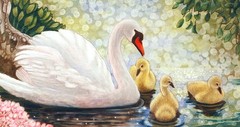 Original Art by Teresa Frazier 19 x 16 Framed Swan with Baby Chics Pink Flowers