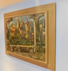 1950’s LRG Mid century Modern Abstract Cityscape Oil Painting Signed 35 x 29 in