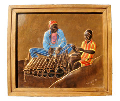 African Relief painting on copper signed by the Congolese artist Guycha Tshidibi