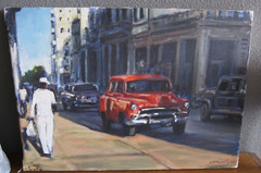 Original Signed Oil Painting on Canvas of Red Vintage Car on Cuban Street