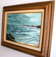 EDWARD JECKEL VINTAGE OIL PAINTING CANVAS SIGNED AMERICAN NY ARTIST LIGHTHOUSE