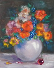 Vibrant Floral Bouquet Original Oil Painting White Vase Still Life Wall Decor