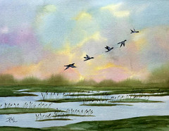 PAINTING WATERCOLOR ORIGINAL ART SUNRISE MARSH SEASCAPE WATER 11X14 & MAT 16X20