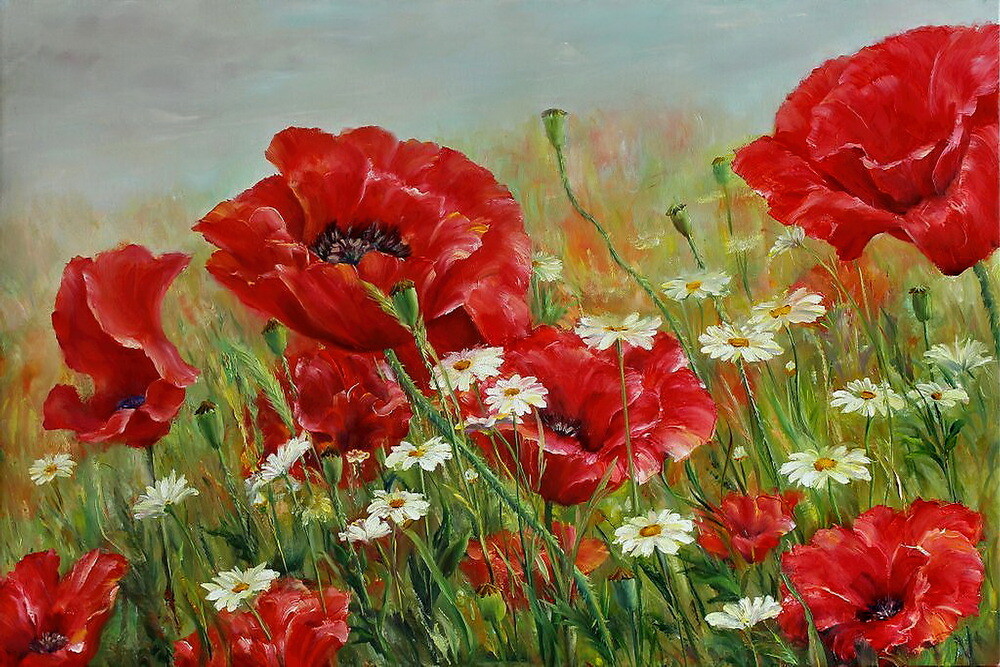 Poppy Field landscape Oil Painting Giclee Print Canvas
