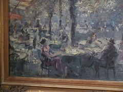 HANS JORG WAGNER LARGE IMPRESSIONIST PAINTING STREET SCENE CAFE FIGURES OLD CAR