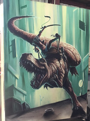 36 in x 48 in Oil on Canvas – T-Rex ridden by Warrior – Signed – Artist Unknown