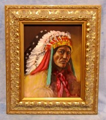 Original Oil Painting Oil On Canvas Board NATIVE AMERICAN CHIEF by Jack S. Frame