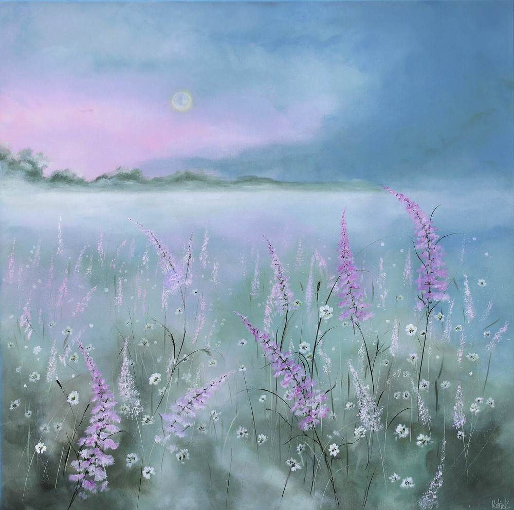 Large statement floral landscape painting pink blue flowers wall art