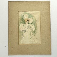 Antique Watercolor and Pencil Drawing Victorian Woman In Feathered Hat 1890’s