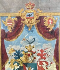 Antique Coat Of Arms Oil Painting 19th Century Family Crest Pegasus Austrian
