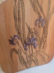 VTG Purple Iris Wood Burning Cutting Board Painted Signed Country Decor Bread