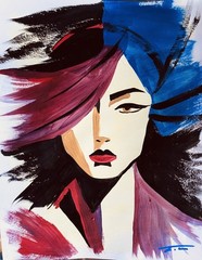 Anime Dreams Black Blue Red Woman Acrylic On Paper Signed Unframed 11”x14”