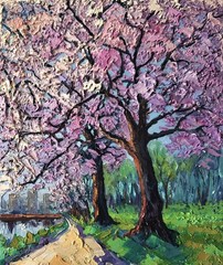 Original Oil Painting Cherry Blossoms Trees on stretched canvas 30X25cm Signed