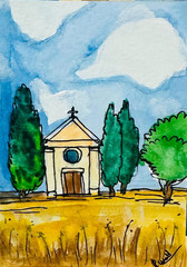 Original ACEO Church Landscape Watercolor Painting Country Chapel Mini Art Decor