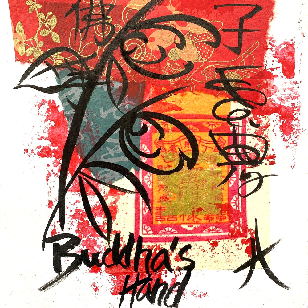 Original Art “Buddha’s Hand” Artwork Signed Asian Fusion Collage Painting 9”x12”