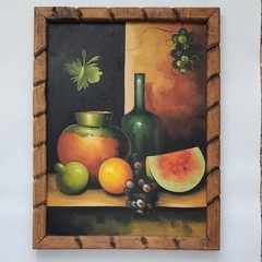Vintage Still Life Oil Painting Original Fruit Wine Bottle Carved Wood Frame MCM