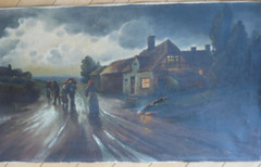 R. HAIL, EUROPEAN SCHOOL ANTIQUE OLD OIL PAINTING MOODY LANDSCAPE FIGURES SUNSET
