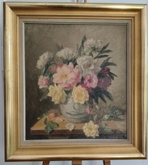 Oil Painting by Christian Rhode “Roses in a Vase”, 1887, Signed, Framed
