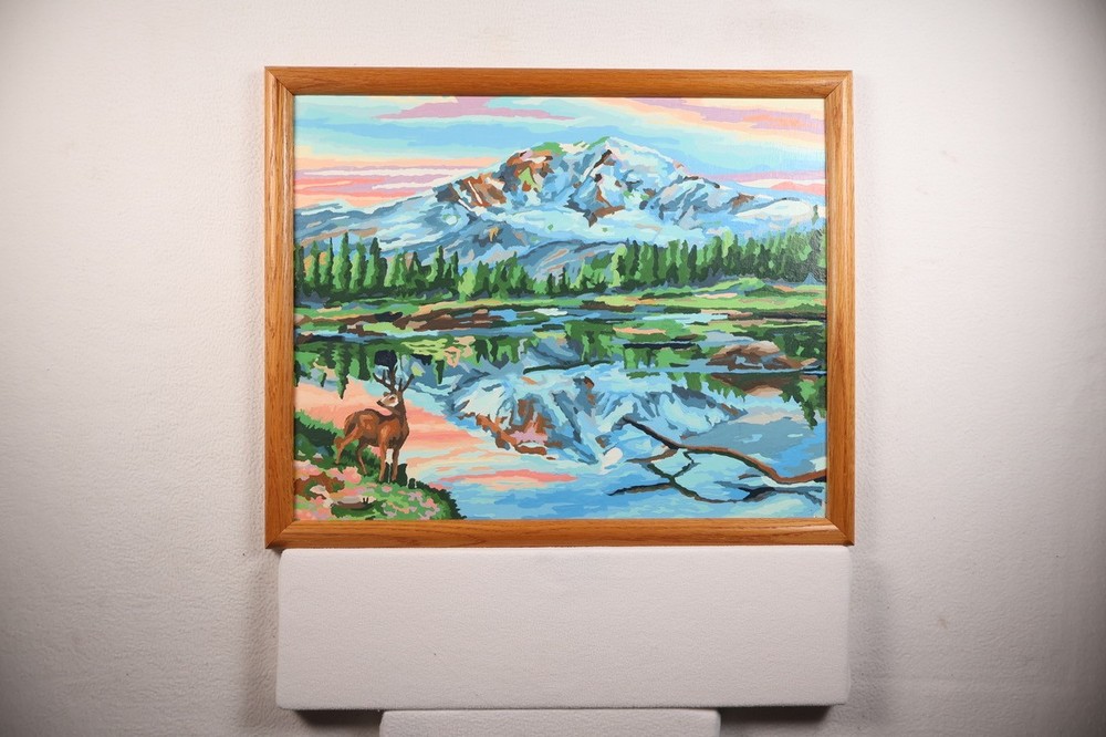 Vintage Paint by Number „Mt. Rainer“ Framed 1990s National Park Deer