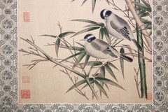 Painting on Silk Blue Birds with Pink Cherry Blossums Signed Vintage