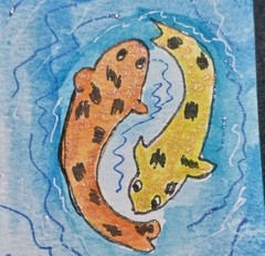 ACEO Original Art Card ATC Mixed Media Koi Fish Pond Animals 3.5X2.5 Painting