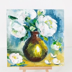 Original Impasto Peony Painting Coffee Table Decor Gift Flower Vase 6 x 6″
