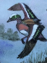 Original Enamel on Copper Signed Max Karp Painting „Green Wing Teal“ Plate 6″x8″
