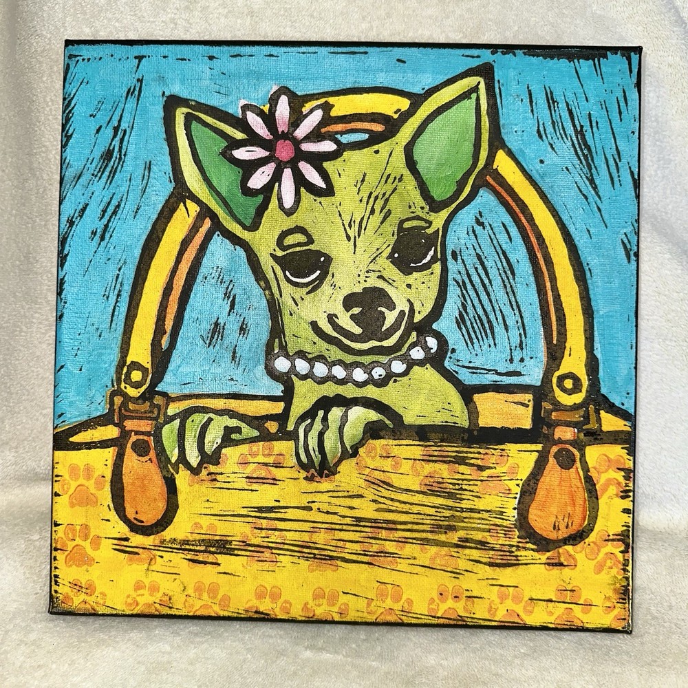 Chihuahua Dog Pop Art Painting 12×12 Canvas Kitsch Green Puppy Purse
