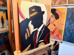 Original Modern Figurative Painting 11×14 – Noir Gentleman Silhouette, Hat Tip A